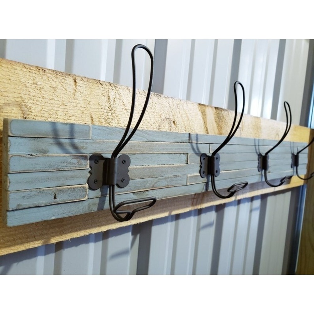 Shabby Blue Wood 4 large Coat Hooks Farmhouse 32" long